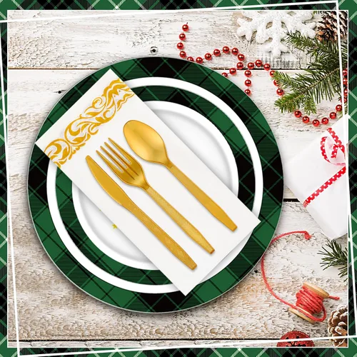 Vista 3 de Layhit Juego de 175 piezas de platos de plástico de Navidad desechables, vajilla de plástico de Navidad desechable para 25 invitados, platos