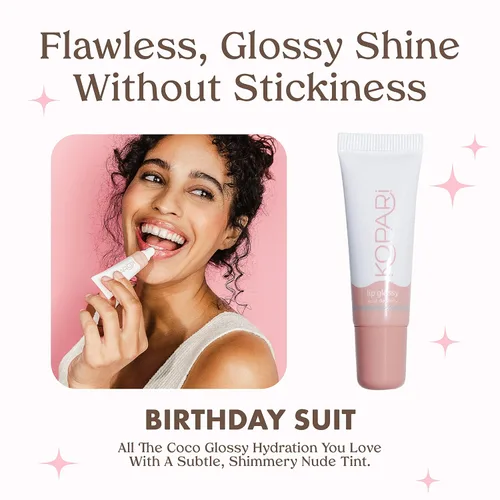 Vista 3 de Kopari Coconut Lip Glossy Birthday Suit - Aceite de coco hidratante y humectante, vitamina E y manteca de karité, brillo labial con aceite de coco