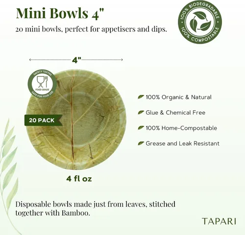 Vista 3 de TAPARI - Mini cuencos desechables, paquete de 20 mini cuencos de hojas, 4 pulgadas, resistentes y ecológicos, cuencos compostables y biodegradables