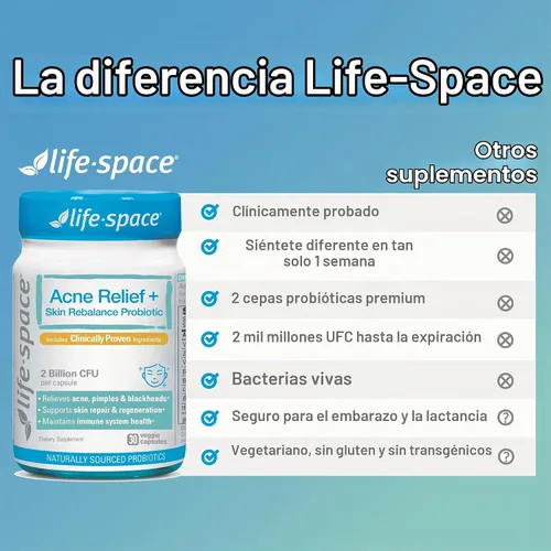 Vista 7 de Life-Space Probiótico para aliviar el acné + reequilibrio de la piel, fórmula científica 6 en 1 y 2 mil millones de UFC, apoya el control