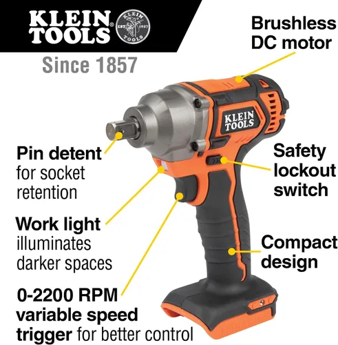 Vista 12 de KLEIN TOOLS BAT20CW Llave de impacto a batería de 1/2 pulgada con diseño compacto para un excelente control en espacios reducidos