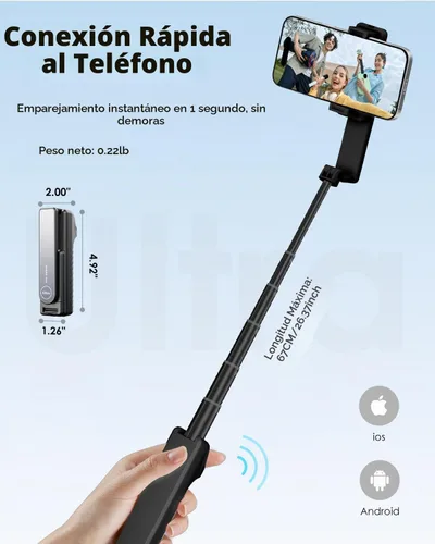 Vista 3 de Viozon Palo selfie inalámbrico de aleación de aluminio, ligero, extensible, de bolsillo, con control remoto, compacto para selfie de viaje Negro