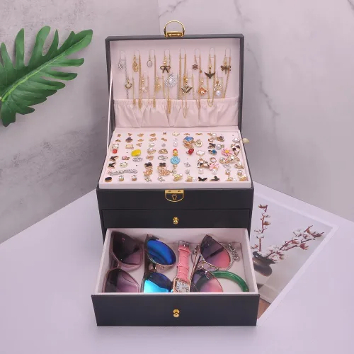 Vista 8 de Joyero para mujeres y niñas, soporte para aretes, collar de cuero de PVC, organizador de joyas, anillos, estuche de almacenamiento, con cerradura