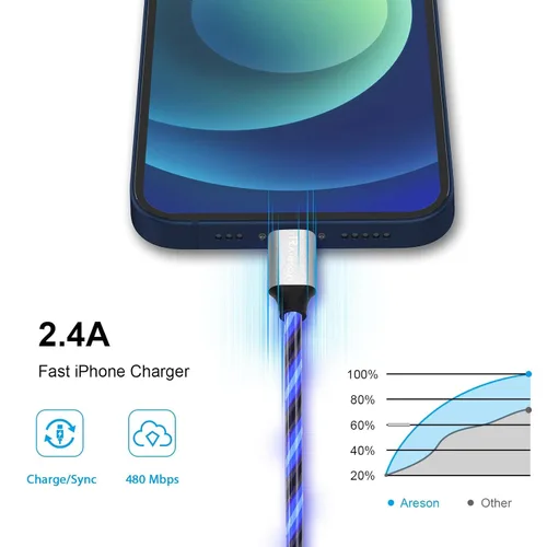 Vista 4 de Cable cargador de iPhone con luz LED, cables Lightning LED paquete de 1 Certificado MFi de Apple Cable de carga rápida USB para Apple iPhone 13