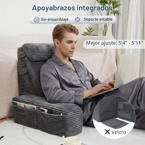 Vista 3 de Vekkia 21" Reading Pillow for Adults with Armrests and Adjustable Backrest Gris