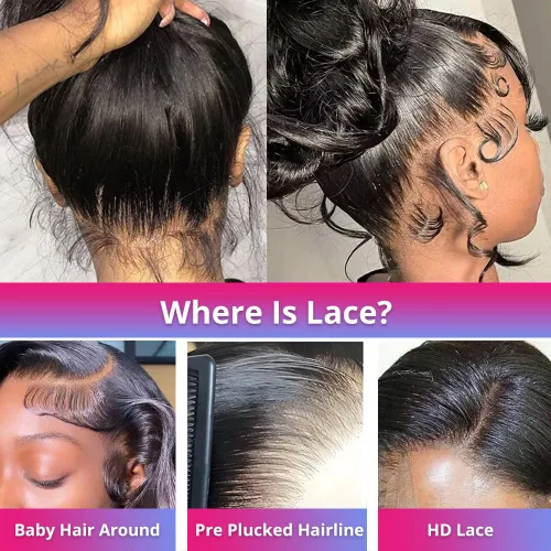 Vista 2 de Pelucas de encaje frontal de onda corporal 360 de virgen brasileño de 22 pulgadas - Prearrancadas con cabello de bebé, encaje frontal completo