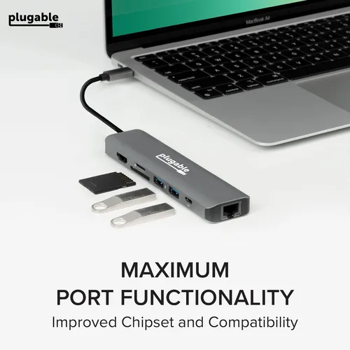 Vista 6 de Plugable Adaptador multipuerto USB C 7 en 1 sin controlador con Ethernet, HDMI 4K60Hz, carga de paso de 100 W, 2 USB 3.0, SD/microSD, para USB-C