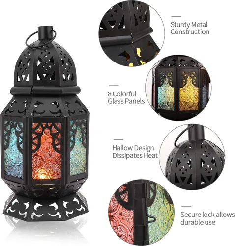 Vista 9 de Lewondr Farol de vela retro de hierro Ramadán, portátil de hierro forjado marroquí, de 10.2 pulgadas, portavelas decorativo, lámpara colgante