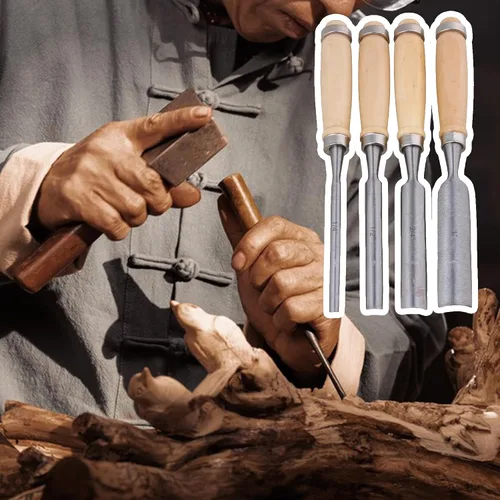 Vista 7 de Juego de cinceles de madera de semicírculo de tallado de acero al carbono, mango de carpintería, herramientas de carpintería, paquete de 4