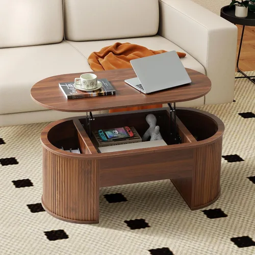 Vista 9 de ORRD Mesa de centro elevable, mesa de centro acanalada con parte superior elevable, mesa de comedor de madera con compartimento oculto, mesa central