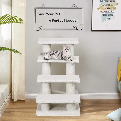 Vista 5 de Tangkula Escaleras para Mascotas para Gatos y Perros, Rampa de Escalera Alfombrada de 4 Escalones Trepador para Gatos Poste Rascador para Gatos