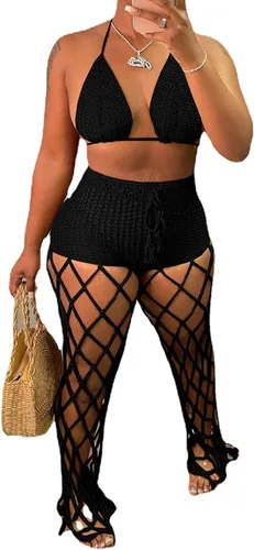 Vista 3 de Conjunto de 2 piezas sexy de verano para mujer, traje de playa con borlas transparentes de punto hueco y flecos, bikini con flecos, top