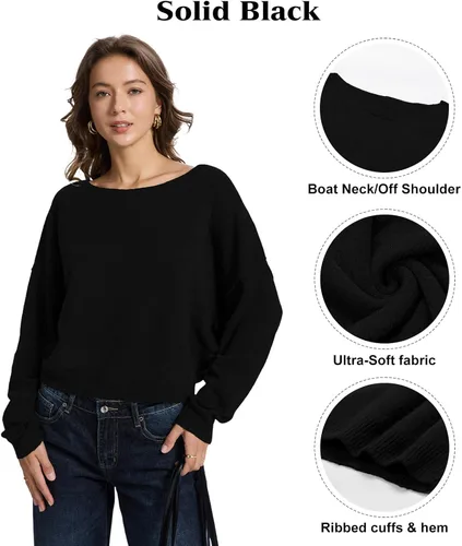 Vista 3 de FAlABLE - Suéter para mujer con hombros descubiertos y cuello barco, pullover holgado de manga larga, acogedor de punto, para otoño e invierno, tops