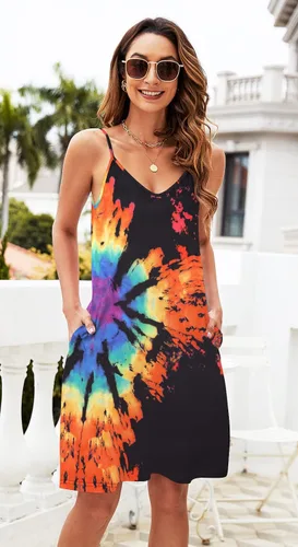 Vista 3 de Supnier Vestido de verano casual floral para mujer, con tirantes delgados, cuello en V, sin mangas, bohemio, para playa, minivestido con bolsillos