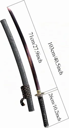 Vista 7 de Katana samurái japonesa azul horneada de acero Damasco de espiga completa, hecha a mano, decoración estampada Negro