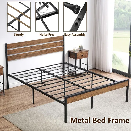 Vista 6 de Base de cama rústica tamaño Queen con cabecero, plataforma de metal, marco de cama de granja, listones de metal, marco de cama resistente