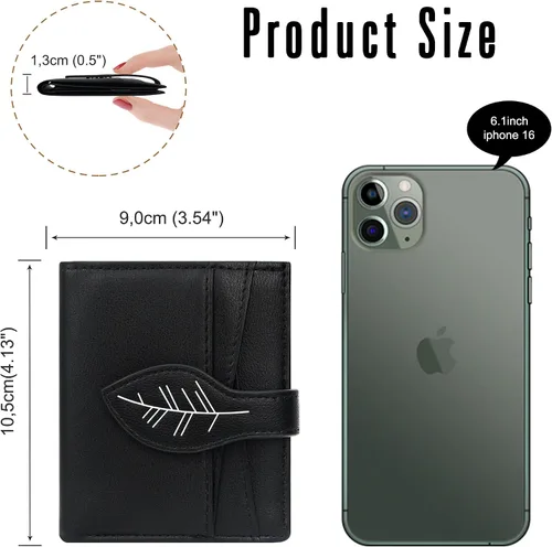 Vista 4 de CONISY Cartera pequeña para mujer, con bloqueo RFID, de piel, delgada, plegable, bolsillo frontal, cartera para mujer con cremallera, Negro, Moderno
