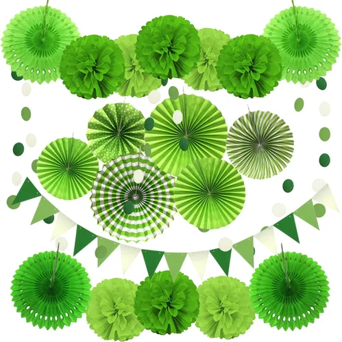 Vista 17 de Zerodeco - Decoración de fiesta, 21 piezas de abanicos de papel, pompones flores, tiras de cuerdas de lunares y banderines triangulares