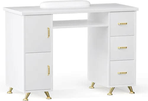 Vista 11 de Mesa de manicura, mesa de uñas, estación de mesa de uñas, resistente a acetona, cojín de muñeca, 3 cajones y 2 gabinetes Acetone-resistant
