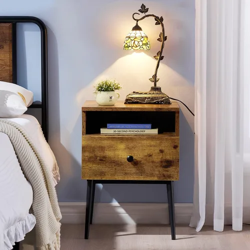 Vista 2 de VECELO Juego de 2 mesitas de noche modernas, mesa auxiliar cuadrada con cajón y espacio de almacenamiento para dormitorio y sala de estar Marrón