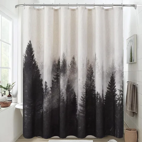 Vista 14 de ORTIGIA Cortina de ducha con diseño de bosque de montaña, tela de lino de mezcla pesada, árbol natural negro, cortina de baño de bosque brumoso, 60