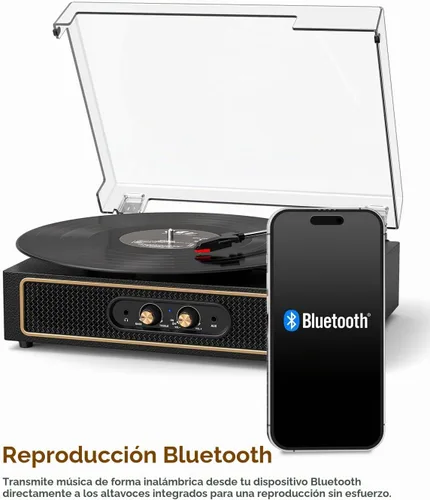 Vista 9 de Tocadiscos de vinilo retro con altavoces, control de graves/agudos