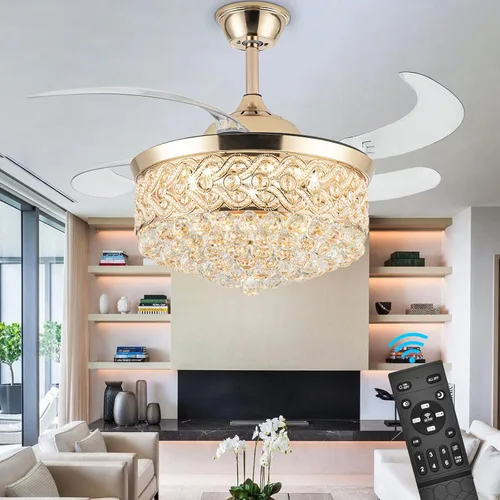 Vista 9 de WWahuayuan Ventilador de techo invisible retráctil de 42 pulgadas con luz y altavoz Bluetooth, candelabro ventilador Bluetooth moderno con control