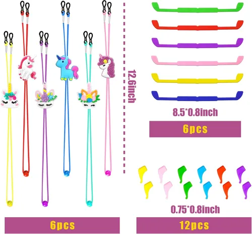 Vista 2 de SKYCOOOOL 24 correas para gafas para niños, ajuste de unicornio arcoíris, correas antideslizantes de silicona para gafas, retenedor de gafas