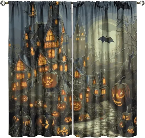 Vista 11 de Cortinas de Halloween con diseño de bosque gótico rojo, cruz gótica, Halloween, festividades, festival, tratamiento de ventana para sala de estar