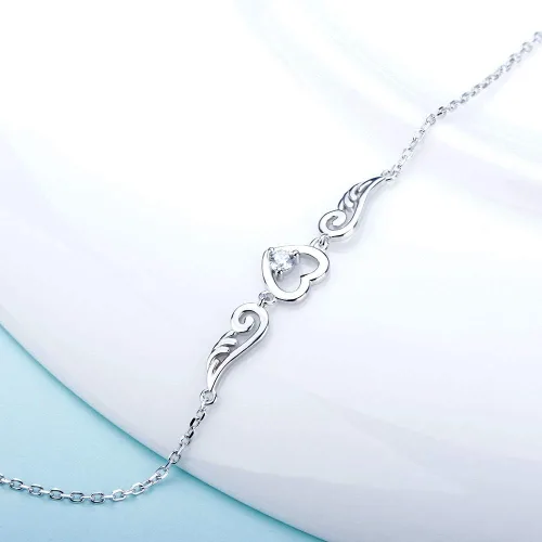 Vista 3 de Pulseras de plata de ley 925 con alas de ángel guardián para mujer, diseño de corazón de circonita ajustable, pulseras de cadena para joyería