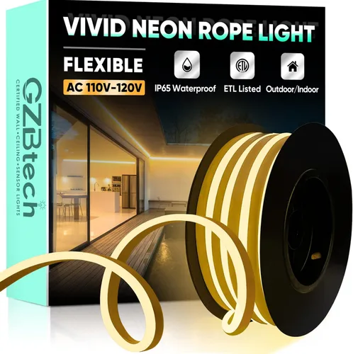Vista 9 de GZBtech Tira de luces LED flexibles de neón de 16.4 pies, tira de luz impermeable CA de 110-120 V, 120 LEDs/M, iluminación de neón conectable