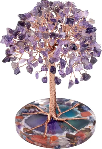 Vista 13 de Nupuyai Árbol de dinero de piedra de cristal aguamarina envuelto en rodajas redondas de ágata orgónica, árbol de la vida, bonsái de Feng Shui