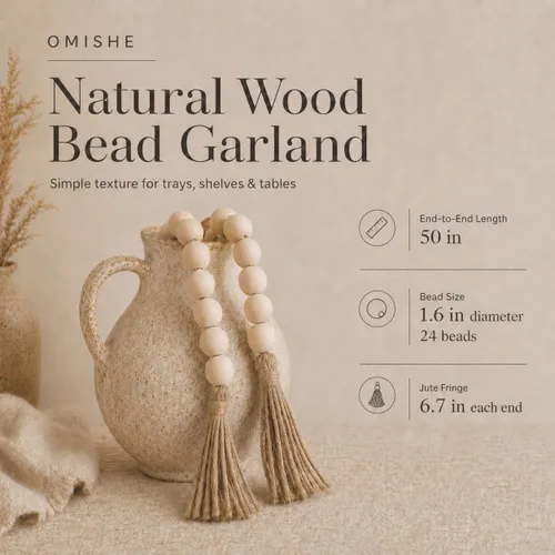 Vista 89 de OMISHE Guirnalda de cuentas de madera extra grande con cuentas de madera y borlas de 1.6 pulgadas de diámetro, cuentas decorativas rústicas de 41