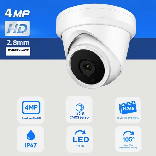 Vista 2 de Cámara domo de torreta IP PoE de 4 MP, gran angular de 0.110 in, H.265, cámara de seguridad CCTV resistente al agua IP66, cumple con la NDAA