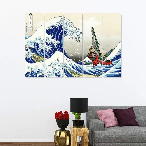 Vista 7 de Arte de Lienzo para Pared con Dibujos Animados Inspirado en la Gran Ola de Kanagawa Estampado de Océano Estilo Anime Japonés Decoración