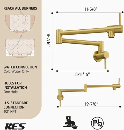 Vista 6 de KES Llenador de Ollas Dorado para Cocina Grifo Plegable de Latón con Doble Articulación Brazo Giratorio Grifo de Fregadero Articulado de Montaje