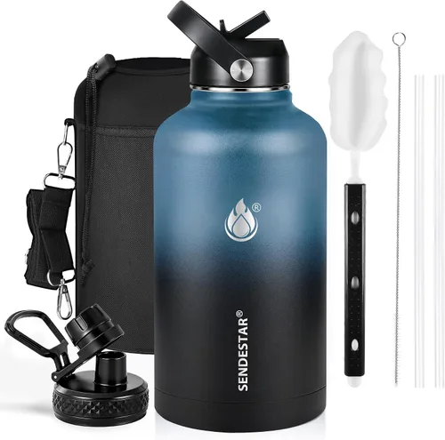 Vista 19 de SENDESTAR Botella de agua aislada de 24 onzas, boca ancha, botella de agua de 24 onzas con tapa con popote, tapa de boquilla, acero inoxidable