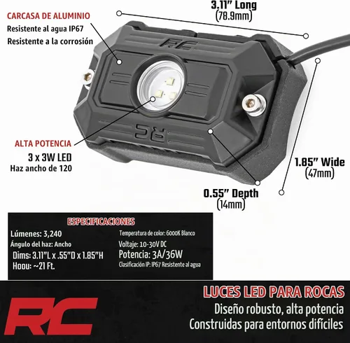 Vista 3 de Rough Country Cápsulas de Luz LED Deluxe para Rocas con Kit de Montaje 4 Cápsulas - 70980, Blanco