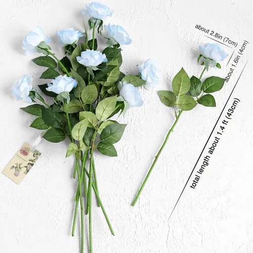 Vista 5 de FiveSeasonStuff 12 tallos de flores artificiales azul hielo, rosas de seda de tacto real para decoración de boda, en caja de regalo Azul helado