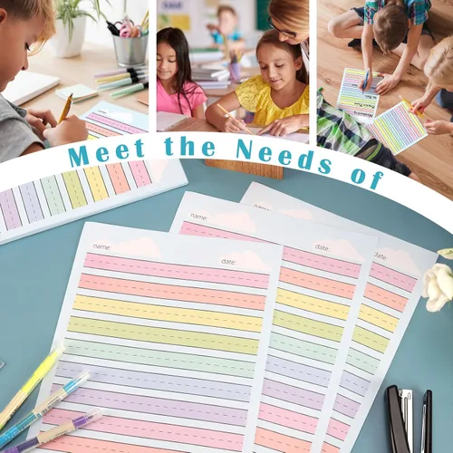 Vista 6 de 50 hojas de papel de línea elevada multicolor para práctica de escritura, papel de escritura de jardín de infantes de regla ancha, doble cara