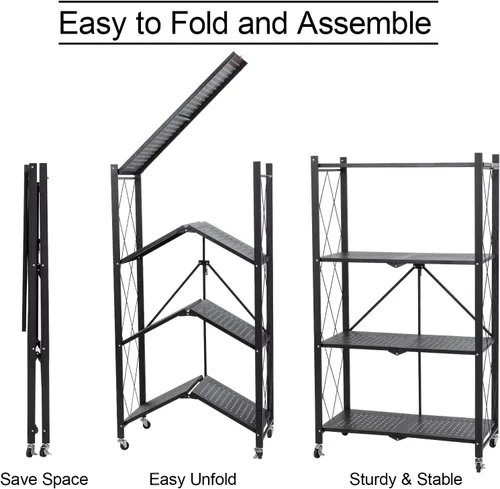 Vista 5 de Muichi Estante plegable de 3 niveles, estantes plegables con ruedas, estantes plegables, unidad de estantería de metal, organizador