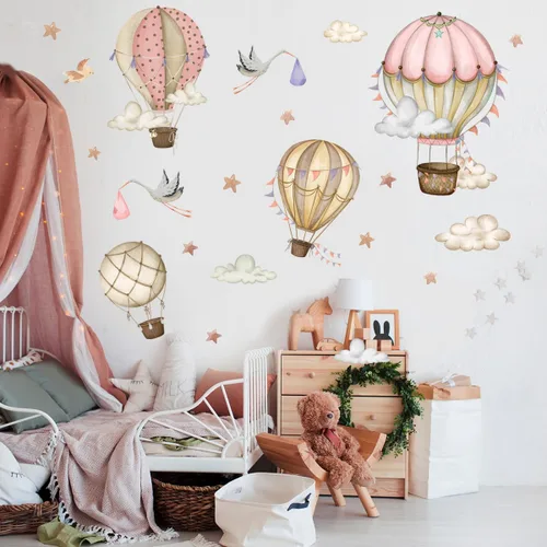 Vista 5 de Globos de aire caliente extraíbles, calcomanías de pared, globos de acuarela, pájaros, estrellas, calcomanías de pared, pintura a mano, globos