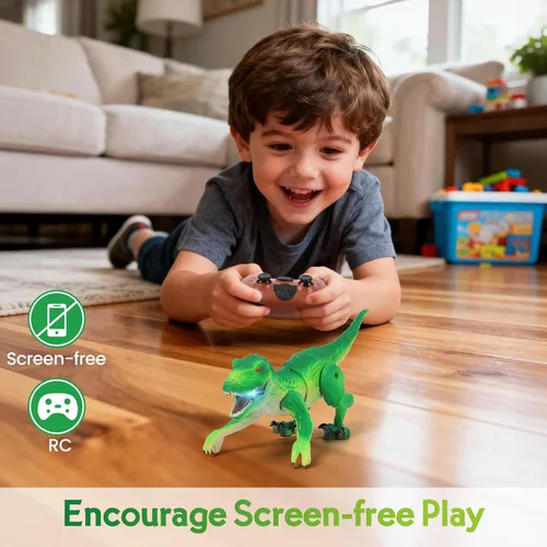 Vista 5 de IQKidz Juguete de dinosaurio RC para niños de 3 a 5 años, robot de dinosaurio tiranosaurio realista para caminar para niños y niñas, pequeñas