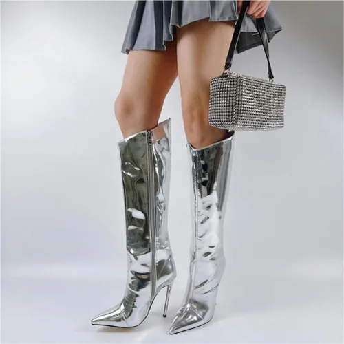 Vista 3 de Ancomafio Botas metálicas hasta la rodilla y botines para mujer, tacón de aguja, botas de espejo puntiagudas, botines elegantes con cremallera