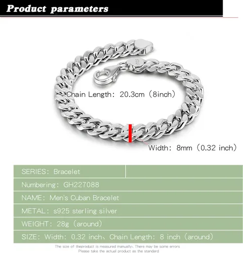 Vista 6 de Pulsera de plata de ley 925 maciza de eslabones cubanos Miami de 0.315 in a 0.630 in, pulsera cubana sólida gruesa para hombres y niños, joyería