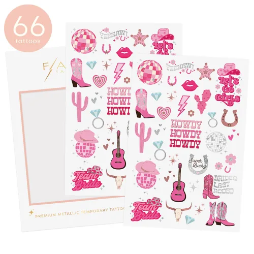 Vista 2 de Flash Tattoos Disco - Tatuajes temporales para niña de vaca 66 tatuajes metálicos Vaquera, decoración de fiesta de Bach, Giddy Up, regalo