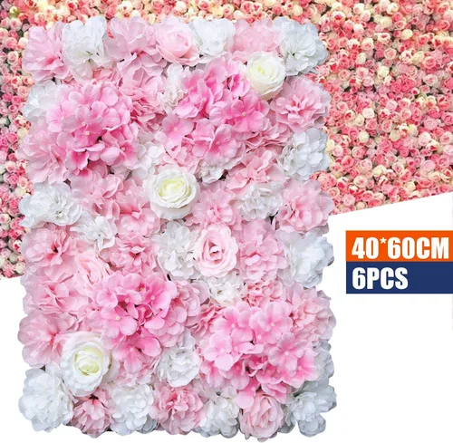 Vista 3 de OUKANING Paquete de 6 paneles de pared de flores de seda con rosas de seda, telón de fondo de pared de flores artificiales para interiores