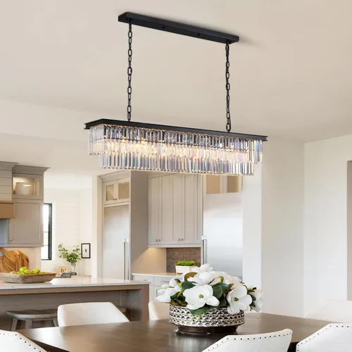 Vista 7 de NOXARTE Candelabros Rectangulares para Comedor, Candelabro de Cristal Rectangular Moderno Negro de 8 Luces, Accesorio Colgante para Isla de Cocina