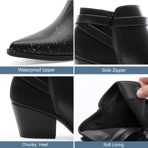 Vista 3 de CentroPoint Botines de cuero con tacón de bloque para mujer, puntera puntiaguda, con cremallera lateral