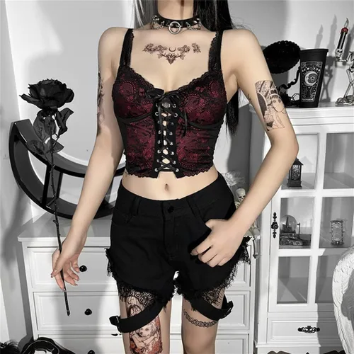 Vista 15 de Camisetas sin mangas góticas para mujer, camisola gótica Y2k